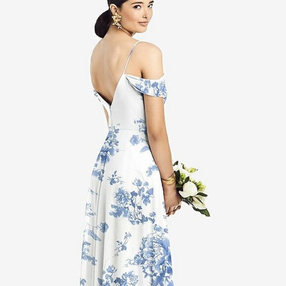 After Six 1526...Cold-Shoulder V-Back Chiffon Maxi Dress...Floral Blue...Size 12 - Picture 3 of 7